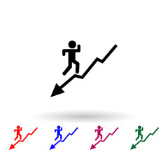 Businessman character running from downward on chart profit multi color icon. Simple glyph, flat vector of profit icons for ui and ux, website or mobile application
