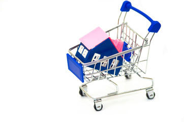 a model of a house lies in a shopping cart on a white background