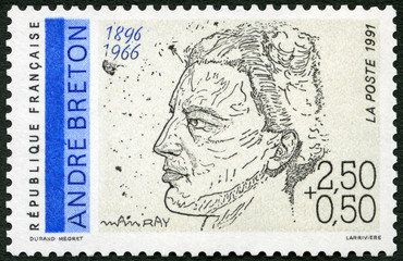 FRANCE - 1991: shows portrait of Andre Robert Breton (1896 - 1966) by Man Ray, series Poets, 1991