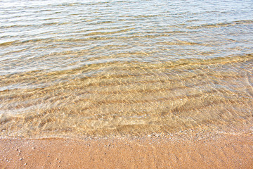 Beautiful white sand beach by the sea, clear blue sky and soft waves.