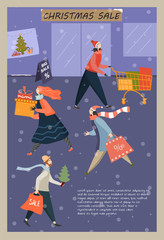 Christmas Sale cartoon postcard or poster concept with people in a hurry while shopping, carrying bags with purchases and gifts for holiday season