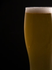 Tall glass of light beer on black background