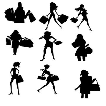 vector image of women shopping silhouettes isolated on white background