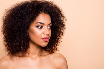 Close-up portrait of her she nice-looking attractive fascinating adorable wavy-haired girl smooth soft silky tone cream bb cc anti age effect cream isolated over beige pastel background