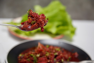 Raw Laab Beef, Add Blood Isan Thai food