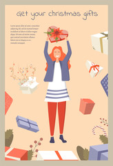 Get Your Christmas Gifts postcard concept with a happy woman holding up heart-shaped gift box. Holiday season theme cartoon with the sign and text