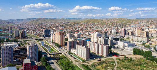 Aerial view of Ulaanbaatar, the capital of Mongolia, circa June 2019