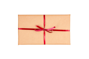 Gift Boxes in Craft Wrapping Paper with Red Ribbons isolated