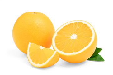 Orange fruit with cut half and slice with leaf isolated on white background