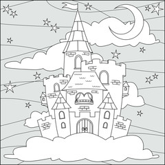 Fairy tale castle in the starry sky. Vector illustration for coloring page