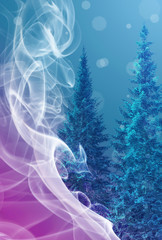 abstract lilac and cyan background with fir trees