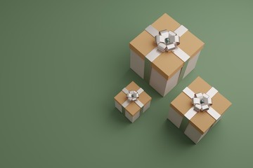Obraz premium Gift boxes with shiny ribbons and bow. Festive packaging, minimalistic design for postcards or advertising stores.