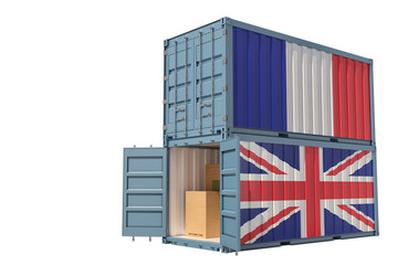 Two freight container with United Kingdom and France flag. 3d rendering 