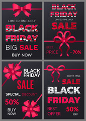 Limited time only, black Friday cyber, big sale, buy now poster. Special shopping promotion card decorated by ribbon and bow in red color. Promo font and Black friday logo. Flyer shopping advertising