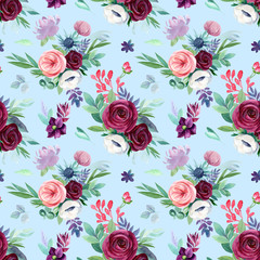 pattern of watercolors burgundy rose and   anemones watercolor illustration, hand drawing, bouquet
