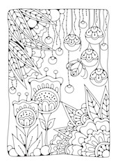 Coloring book page for adult and older children. Black and white abstract floral pattern. Design for meditation. The image can be used in design and printing on fabric