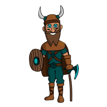 cartoon viking with ax, shield and beard. White background isolated vector illustration