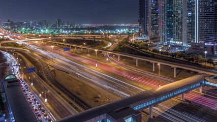 Aerial top view to Sheikh Zayed road near Dubai Marina and JLT timelapse, Dubai.
