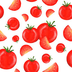 Seamless pattern with bright watercolor tomatoes, hand-drawn for fabric decoration, printing and decorative paper, printing and design