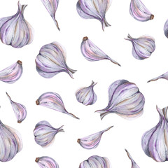Seamless pattern with bright watercolor garlic, hand-drawn for the decoration of fabrics, printing and decorative paper, printing and design