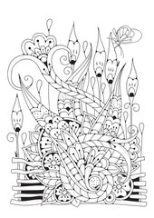 Coloring book page for adult and older children. Black and white abstract floral pattern. Design for meditation. The image can be used in design and printing on fabric