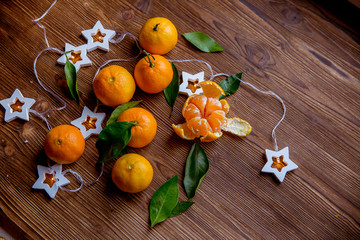 Christmas and new year decor. Christmas card. Tangerines