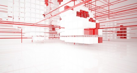 Abstract white and colored gradient glasses interior from array cubes with large window. 3D illustration and rendering.