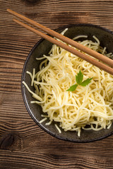 Bowl of cooked noodles.