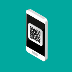3D phone with qr code on screen. Isometric scanning code by phone. Qr label sticker isolated on color background. Vector illustration.