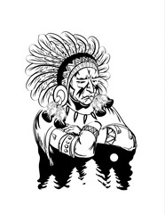 Old indian with eagle's feathers on head and night forest on background. Tattoo sketch design. Vector illustration.