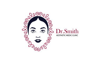 Logo for aesthetic mediс clinic. Woman face and decorate text. Vector illustration.