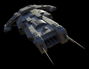 Science fiction illustration of a spaceship carrier vessel, isolated on black in front diagonal view, 3d digitally rendered illustration © Algol