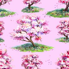 Obraz na płótnie Canvas Seamless pattern of sakura trees blooming in spring on a pink background, hand drawing, print for fabric and other designs, watercolor.