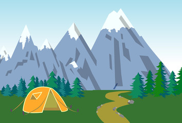 Summer poster with mountains and forest. Vector illustration.