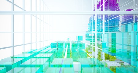 Abstract white and colored gradient glasses interior from array cubes with large window. 3D illustration and rendering.