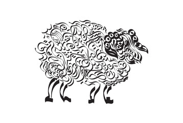 Poster for muslim religion holiday. Stylized sheep silhounette with calligraphy inside. Vector illustration.