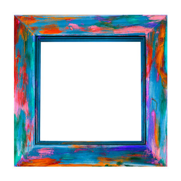 Wooden Picture Frame - Isolated - fun square art frame, in multicolor swirls and spashes of paint - abstract desigin.