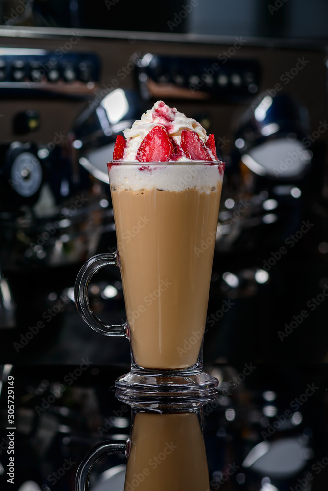 Canvas Prints iced coffee with milk and whipped cream and strawberries