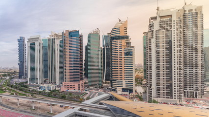 Aerial top view to Sheikh Zayed road near Dubai Marina and JLT timelapse, Dubai.