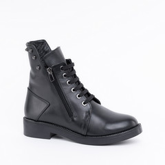Cool laconic winter black leather womens boots with laces. On white background. See other angles of this boot and other models in my profile