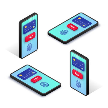 Mobile payment isometric concept. 3d set of smartphone with credit card, fingerprint, button pay on screen. Online transaction, electronic banking concept. Vector illustration for web, app, advert