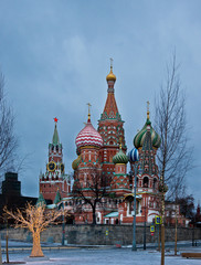 Fototapeta na wymiar Moscow, Russia - January 11, 2018: Saint Basil's cathedral on Red Square in Moscow. Popular landmark, UNESCO world heritage site. Night winter photo.