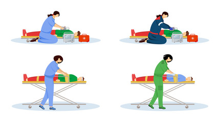 First aid flat vector illustrations set. Emergency doctors and injured patients. Urgency care, resuscitation. Paramedics, emt with defibrillator cartoon characters isolated on white background - obrazy, fototapety, plakaty