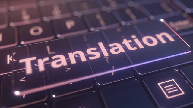 Futuristic computer keyboard and transparent translation key. Conceptual 3D animation