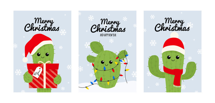 Merry Christmas greeting card set with cute cactus. Vector winter postcard.