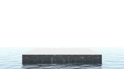 3D Rendering of rectangle granite glossy podium on water ripple with light reflection on liquid surface. Blank pedestal for product display on white background 