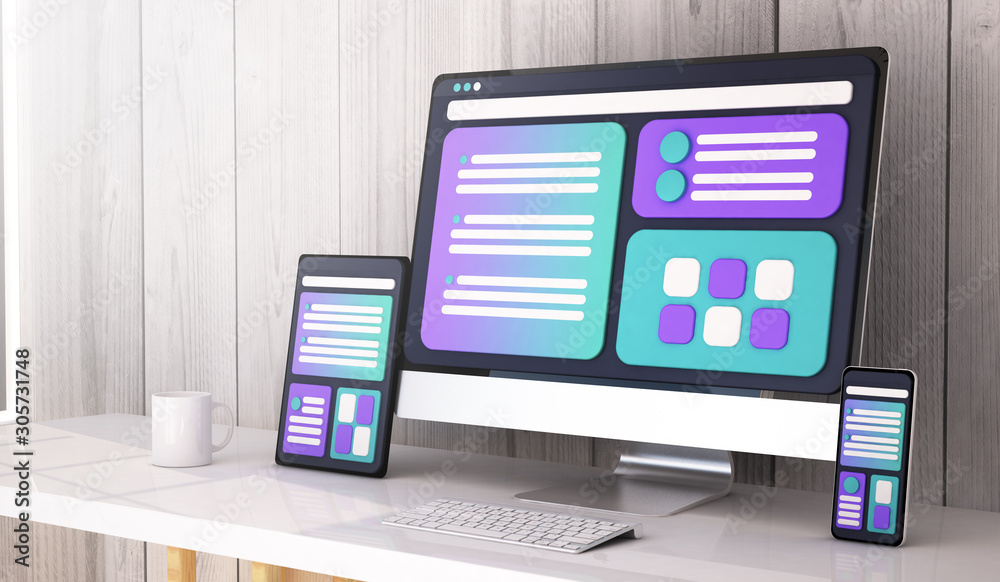 Poster web design concept on desktop 3d rendering
