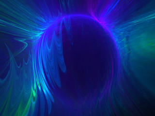 Abstract Spherical Shape 3D Illustration - Colorful gradients of light warped into the shape of a sphere. Brilliant glowing lights, cold blue and green neon gradients.