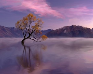 Lonely tree on a background of mountains drawing.