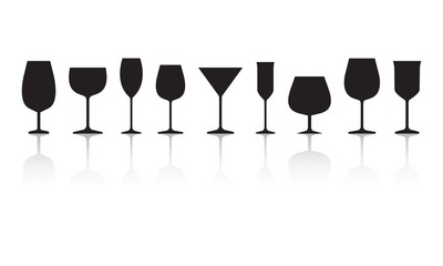 Glasses for different alcohol drinks. Black silhouettes with reflection isolated on white background. Vector illustration